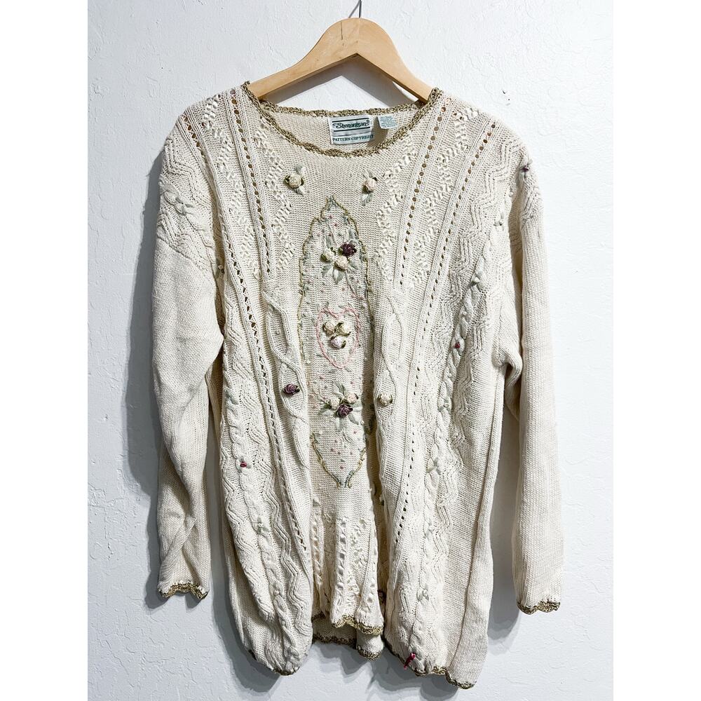 VIntage Shenanigans Sweater Medium Cottage Grandma Rose Pearls Ribbon Ivory